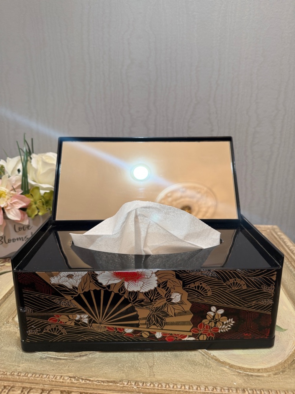 Vintage Japanese Style Black Lacquer Tissue Box Holder with Mirror Floral Fan